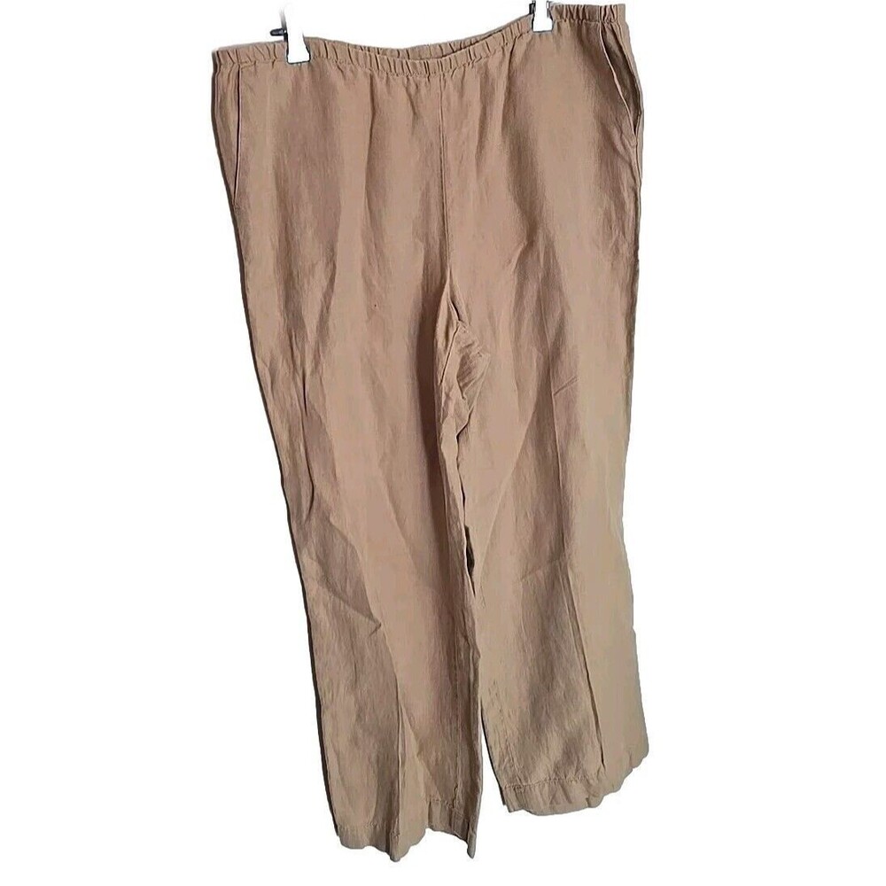 J Jill Love Linen Large Tan Elastic Waist Pull On Wide Leg Ankle Pants Pockets